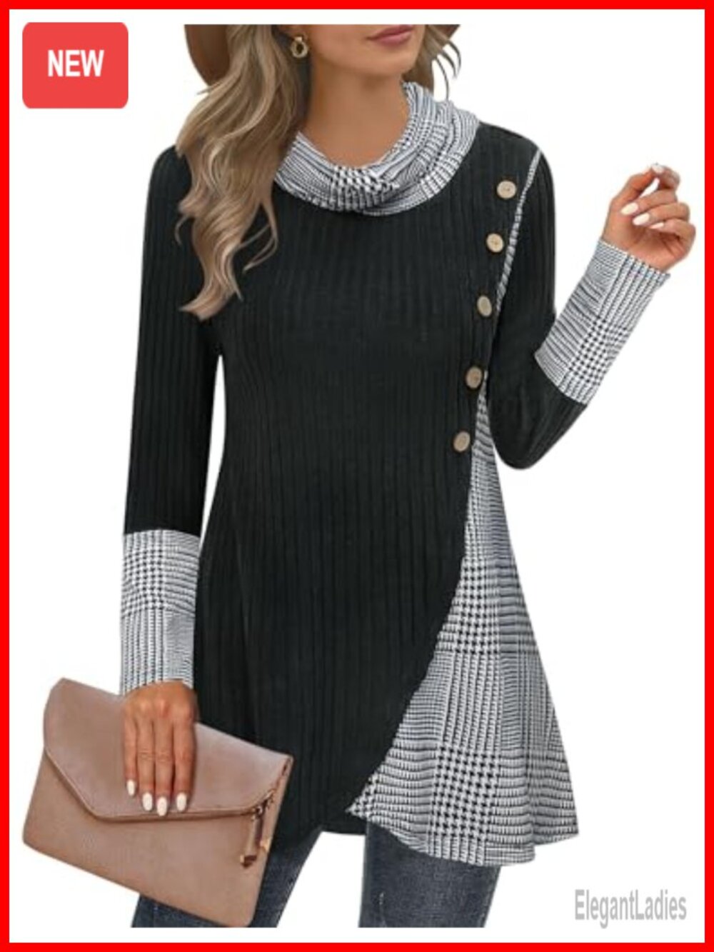 Cowl Neck Pullover Sweater Long Sleeve Tunic Asymmetric Hem Knit